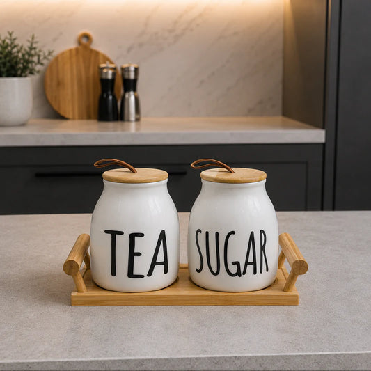 Tea & Sugar Ceramic Jar Set with Bamboo Tray