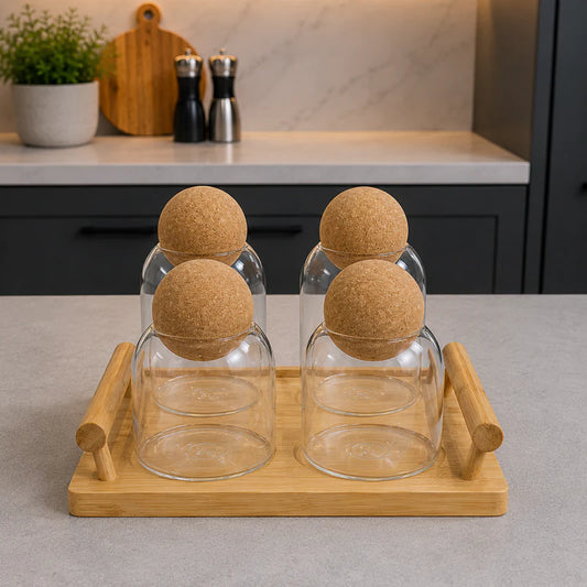 Ball-Top 4Pcs Glass Jar Set with Bamboo Tray