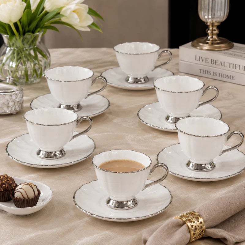 Brilliant Silver Rim Tea Cup & Saucer Set – 6 Pieces
