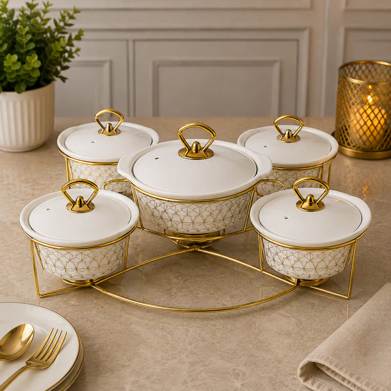 Brilliant Royal Feast 5PCS Round Ceramic Casserole Set with Metal Stand