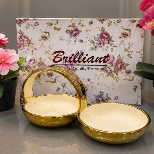 Brilliant Golden Aura 10.5" Ceramic Snack Bowl Set with Metal Handle