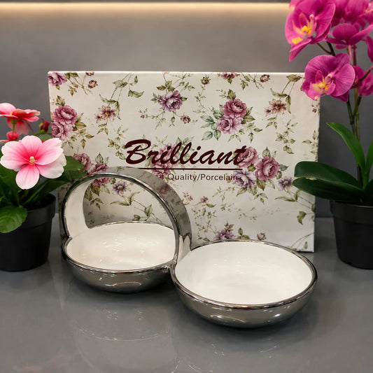 Brilliant Silver Nest 10.5" Ceramic Snack Bowl Set with Metal Handle
