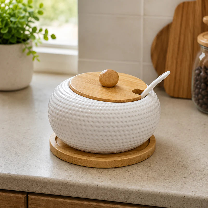 Premium Textured Ceramic Sugar Jar with Wooden Lid & Spoon