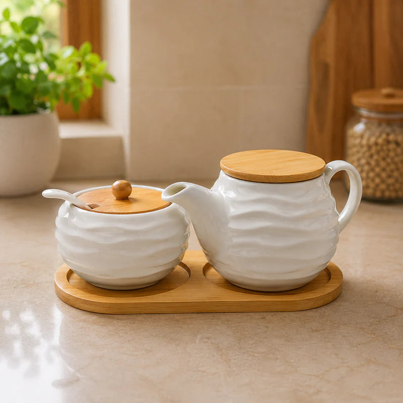 Modern Wave Ceramic Jar & kettle Set with Bamboo Tray
