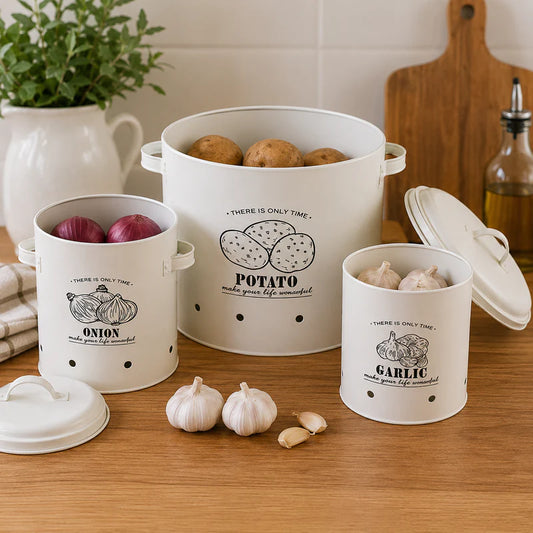 Vintage White Onion, Garlic & Potato Storage Set – 3Pc