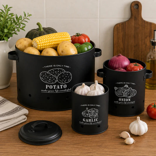 Modern Black Onion, Garlic & Potato Storage Set – 3Pc