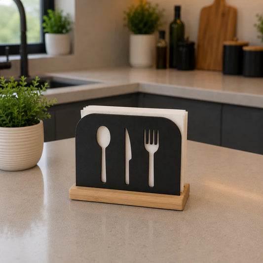 Napkin Holder – Black with Wood Base
