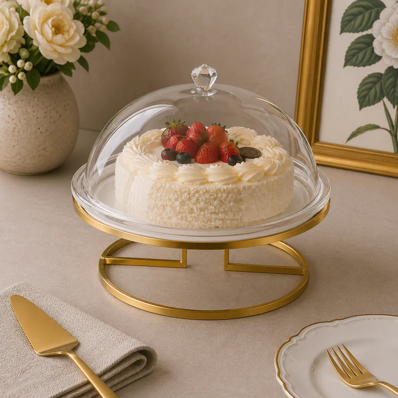 Brilliant 13-Inch Cake Stand with Dome Lid & Gold Metal Base