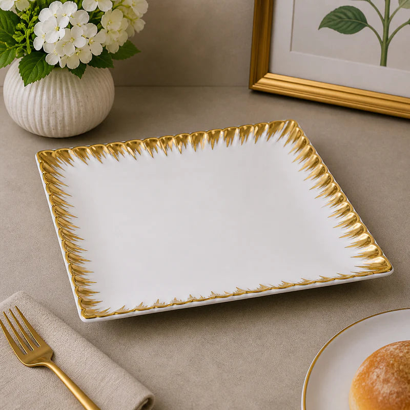 Brilliant 10-Inch Square Ceramic Serving Plate with Gold Metal Rim