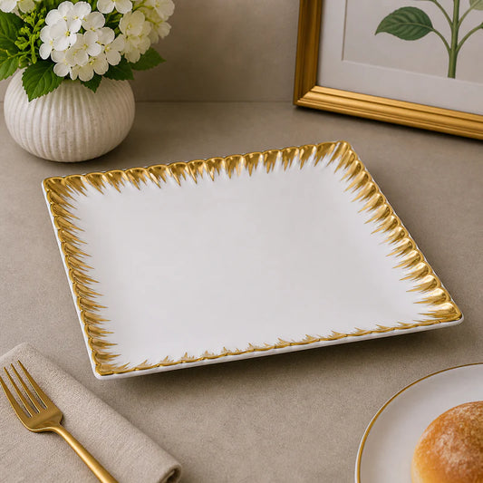 Brilliant 10-Inch Square Ceramic Serving Plate with Gold Metal Rim