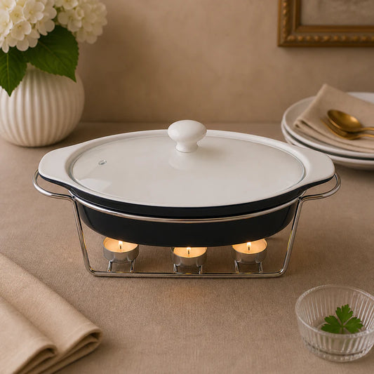 Brilliant 15-Inch Oval Ceramic Chafing Dish with Glass Lid & Metal Candle Stand
