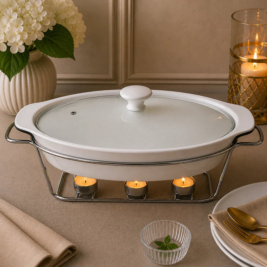 Brilliant 15-Inch Oval Ceramic Chafing Dish with Metal Candle Stand