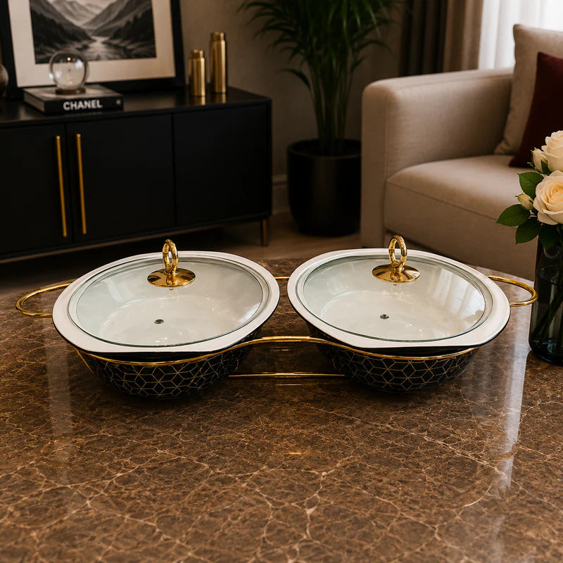 Double Oval Black Pattern Serving Dish Set - 12.5 Inches