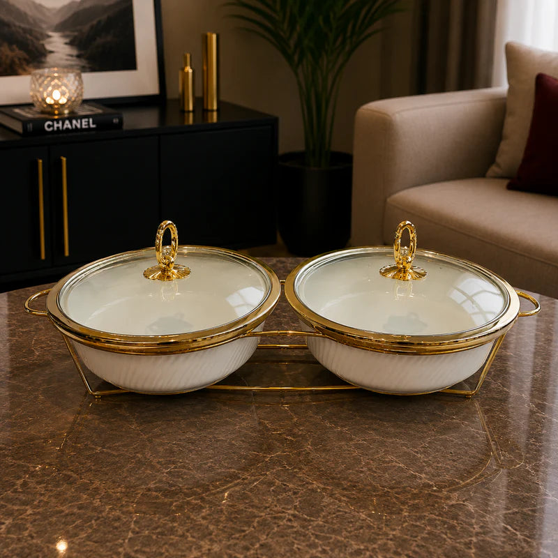 Double Round White Serving Dish Set - 12 Inches