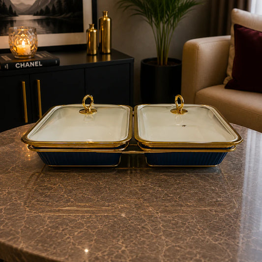 Double Rectangular Blue Serving Dish Set - 12 Inches