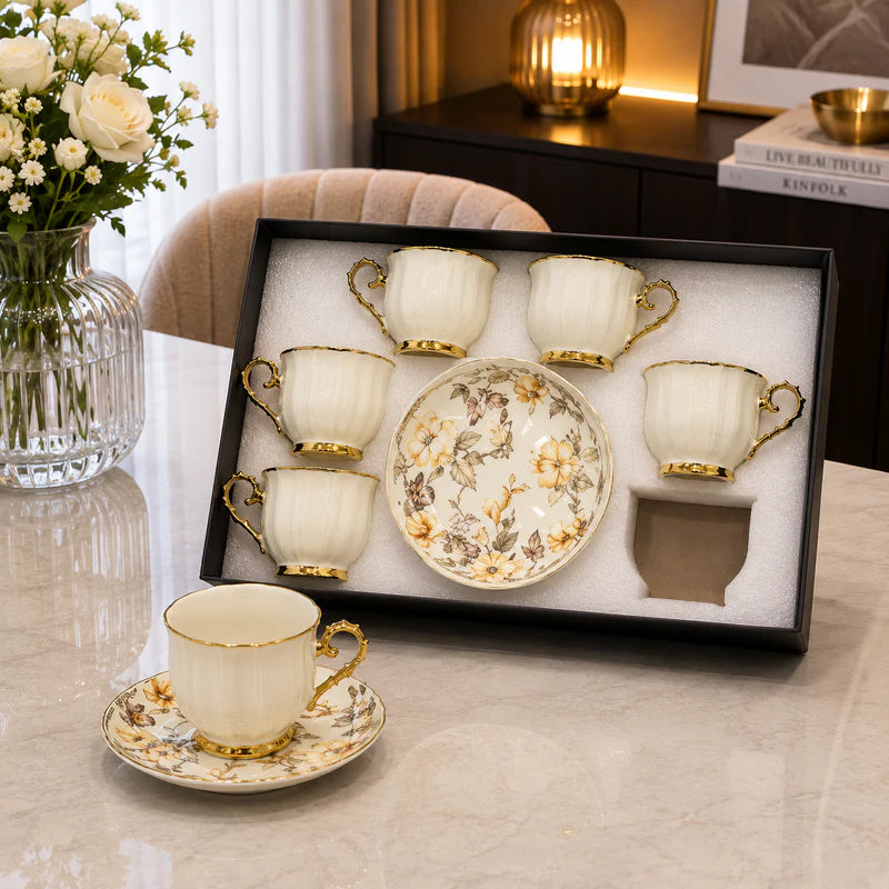 Golden Blossom Ceramic Coffee Set - 12Pcs