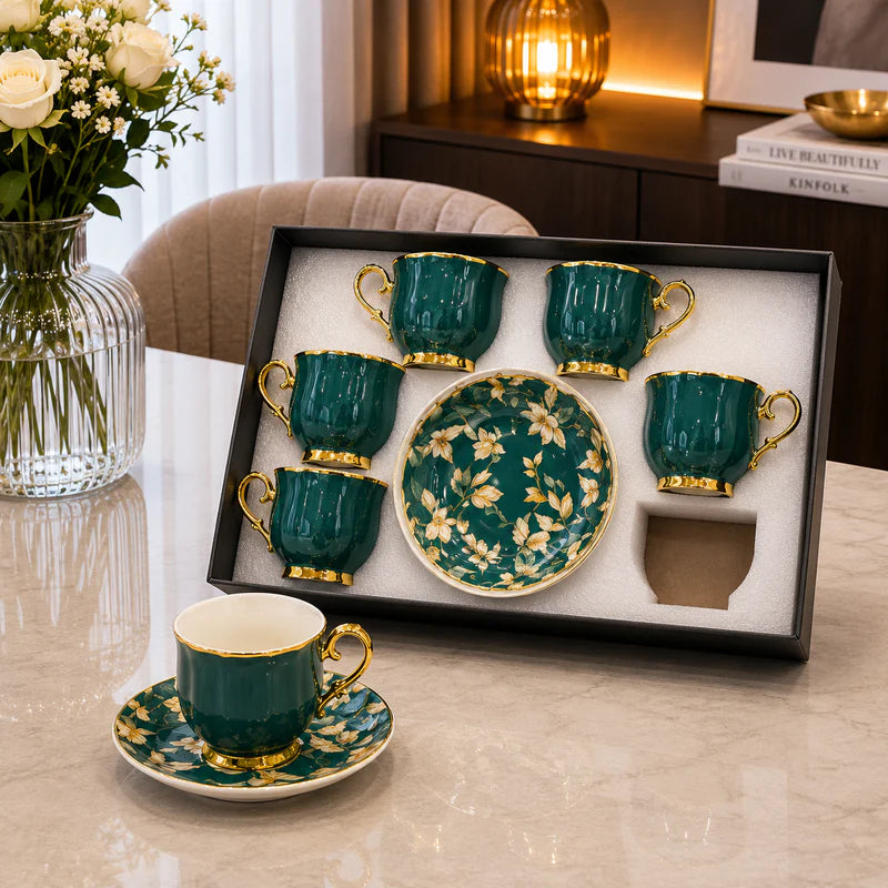 Emerald Bloom Ceramic Coffee Set - 12Pcs