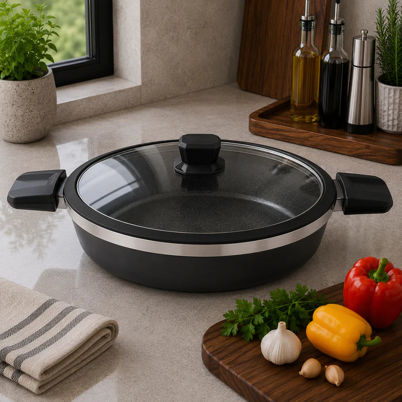 Alpenberg 34cm Karahi Black/Silver with Glass Lid