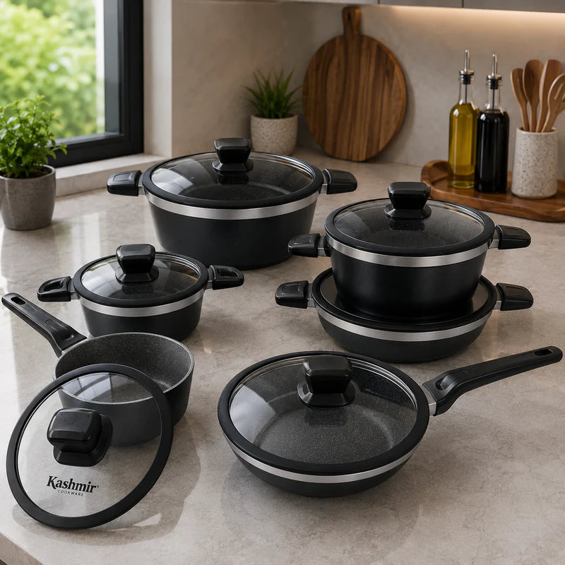 Alpenberg 12 Pieces Cookware Set Black/Silver with Glass Lids