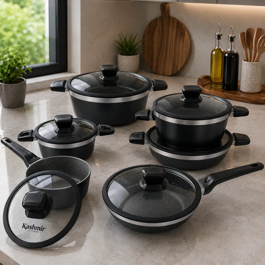 Alpenberg 12 Pieces Cookware Set Black/Silver with Glass Lids