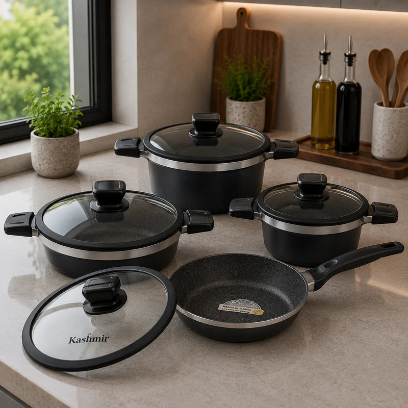 Alpenberg 8 Pieces Cookware Set Black/Silver with Glass Lids