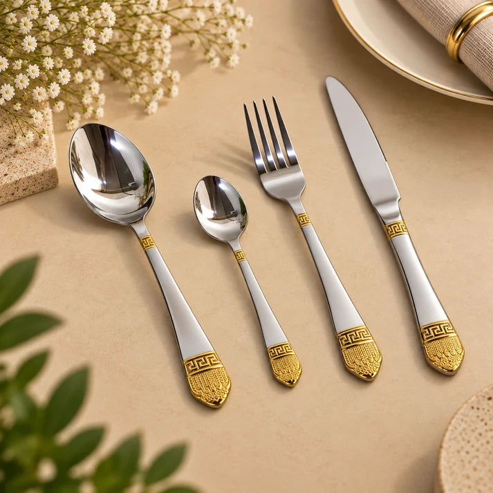 Imperial Gold Greek Key 24-Piece Stainless Steel Cutlery Set