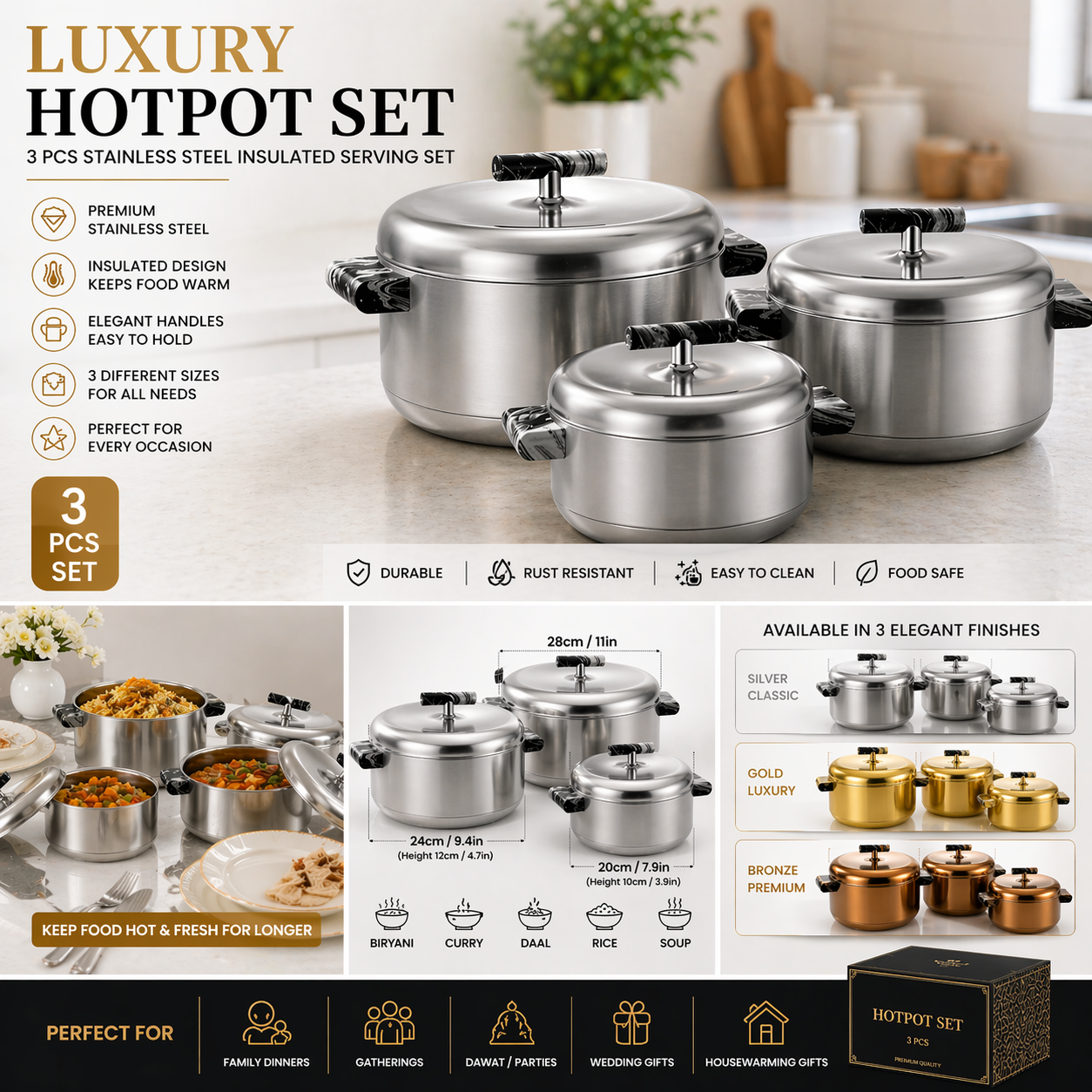 Luxury Stainless Steel Hotpot Set – 3 Pcs Insulated Serving Set