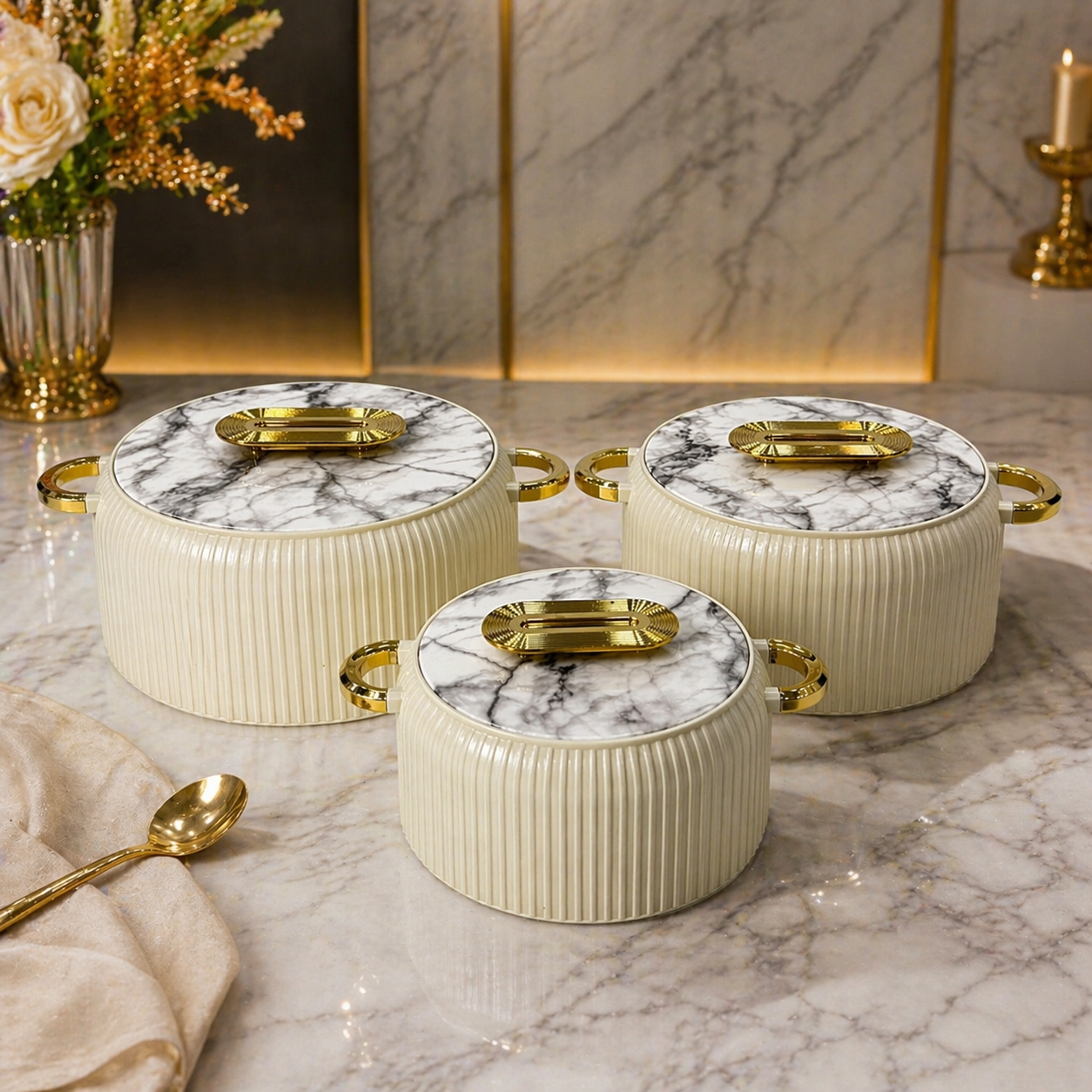 Luxury Marble Hotpot Set – 3pcs Insulated Casserole