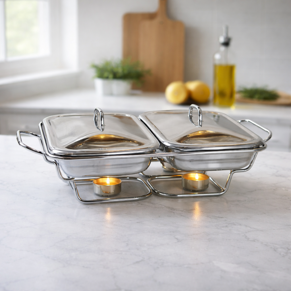 Luxury Double Glass Chafing Dish Set with Stainless Steel Stand  – Elegant Food Warmer Serving Dish