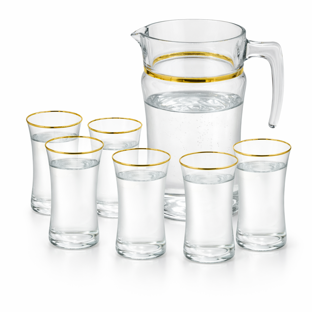 Premium Golden Turkish 7PCS Water Set – 1 Jug & 6 Gold Rim Glasses