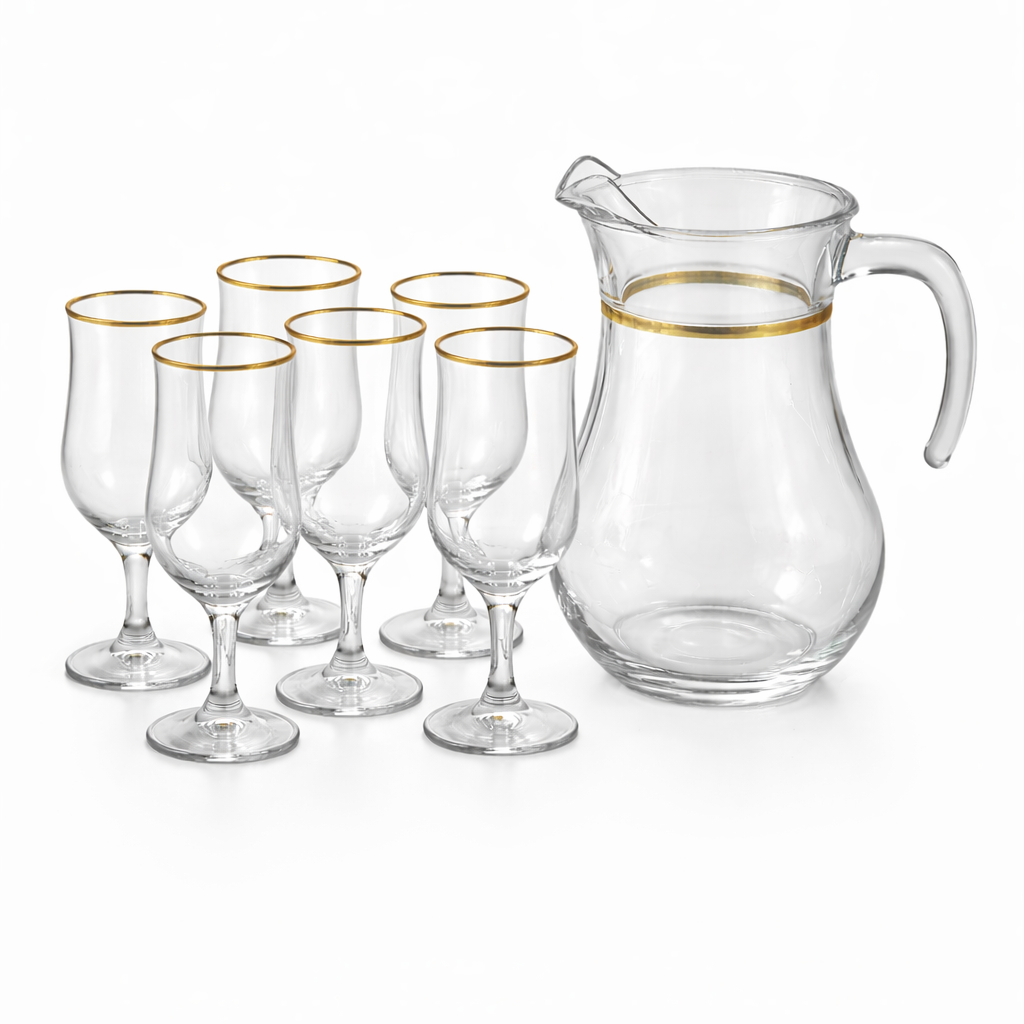 Premium Golden Turkish 7PCS Water Set – 1 Jug & 6 Gold Rim Glasses