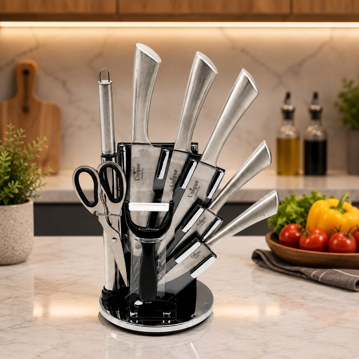 7-Piece Premium Stainless Steel Knife Set with Rotating Stand