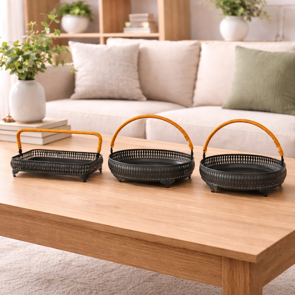 Vintage Metal Serving Basket with Rattan Handle | Rectangle | Oval | Round