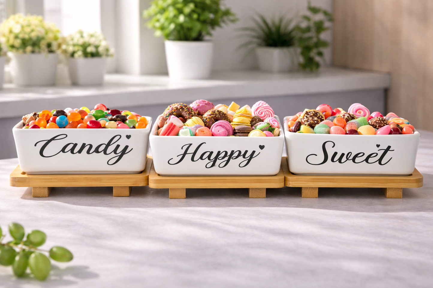 Sweet Ceramic Candy Serving Dish with Bamboo Stand – Elegant Snack & Dessert Bowl