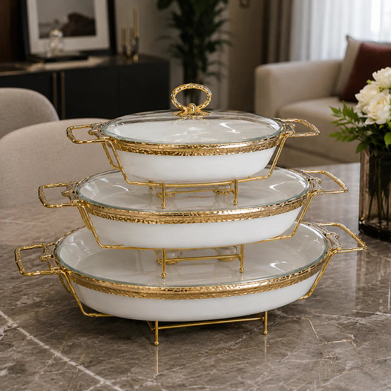 Oval White Glass Lid Serving Dish Set