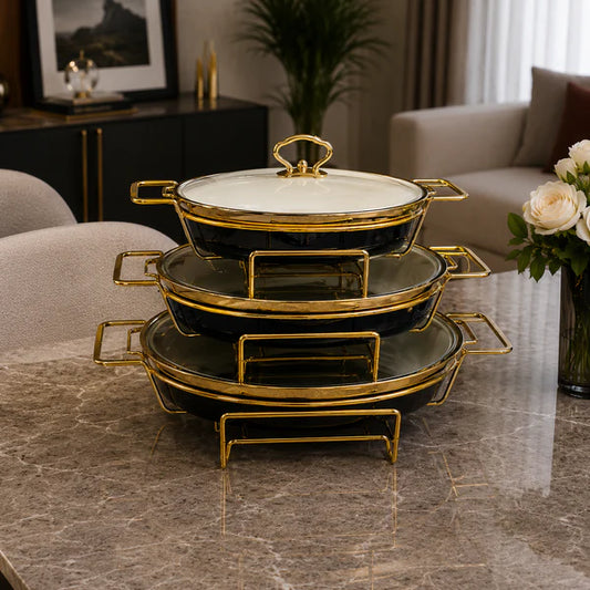 Oval Black Glass Lid Serving Dish Set