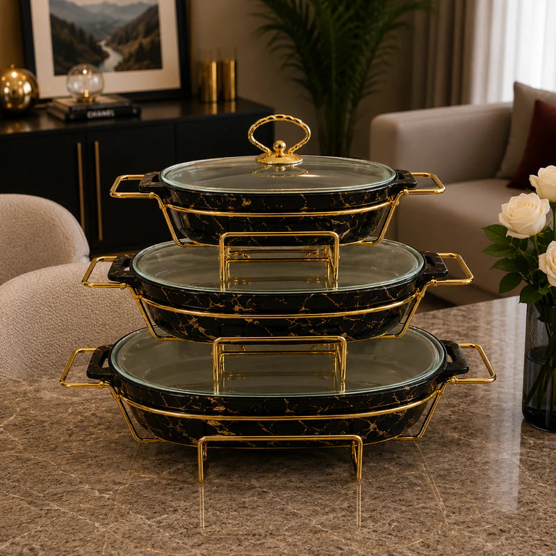 Oval Black Marble Glass Lid Serving Dish Set