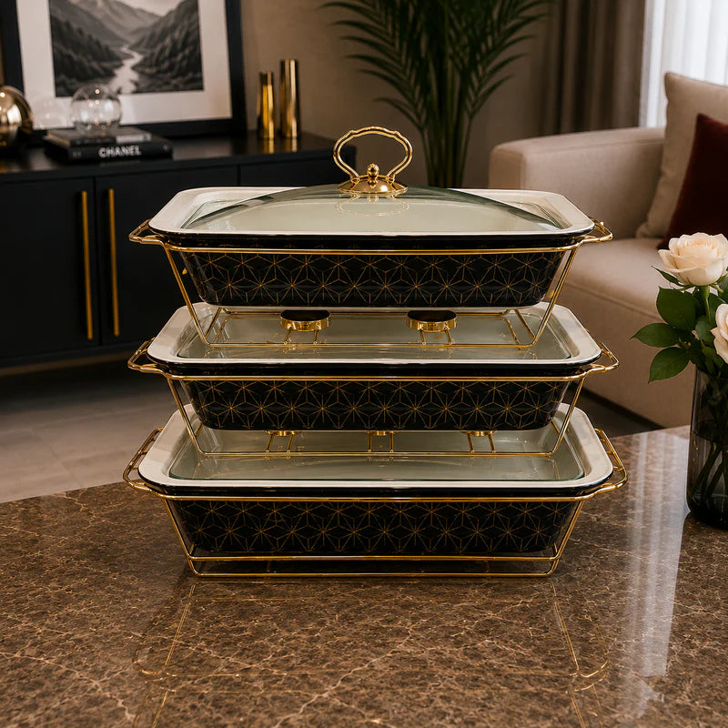 Rectangular Black Pattern Glass Lid Serving Dish Set