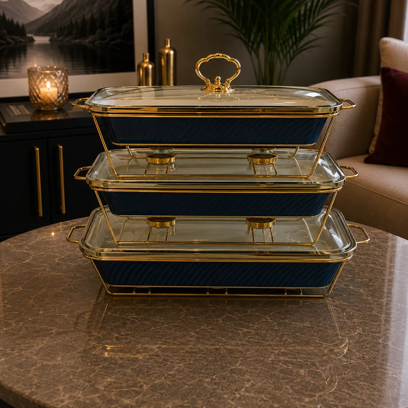 Rectangular Blue Glass Lid Serving Dish Set