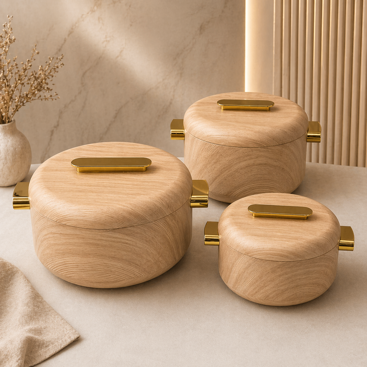 Luxury Marble & Wood Finish Casserole Set – 3 Piece Premium Hotpot