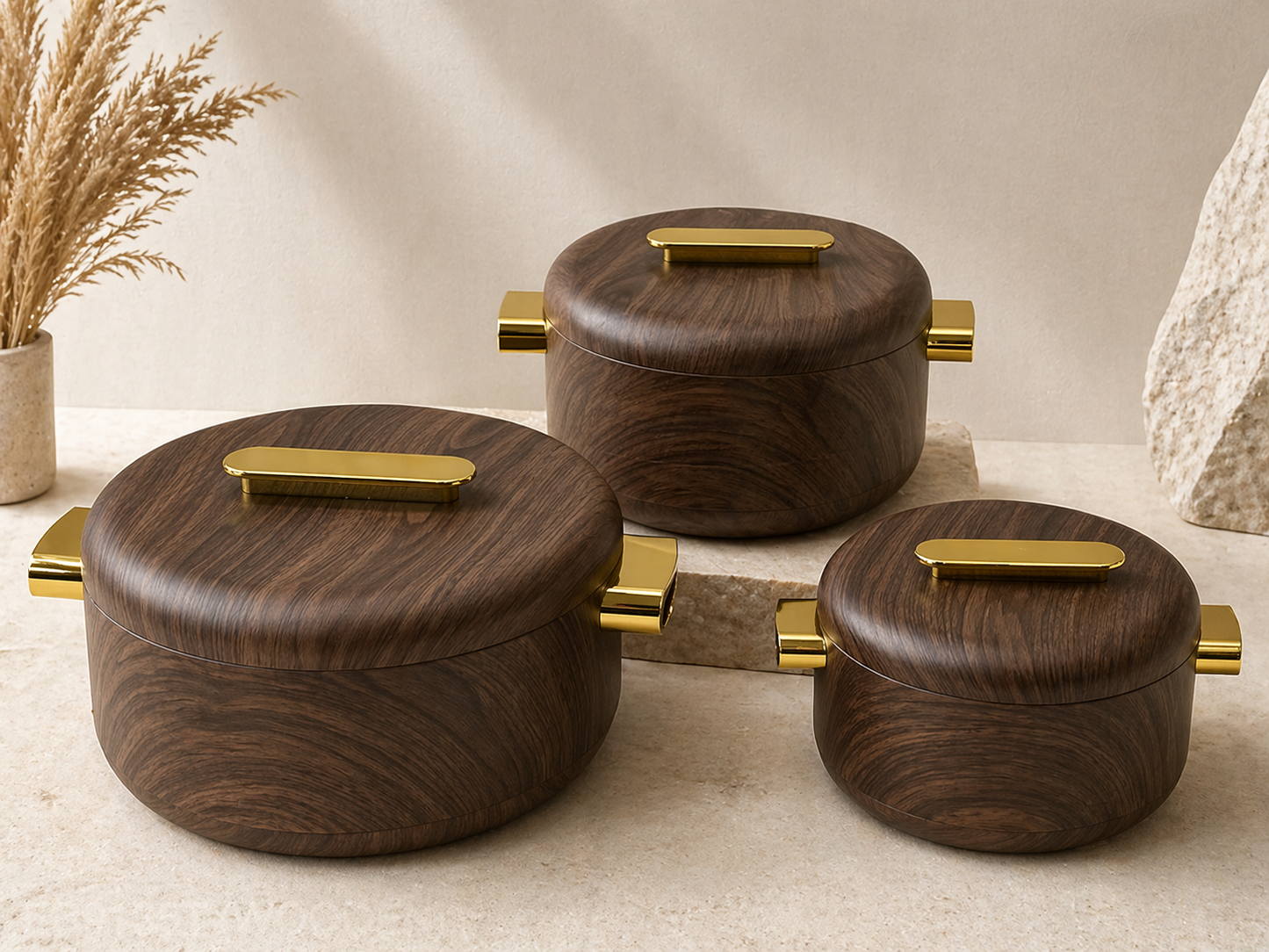 Luxury Marble & Wood Finish Casserole Set – 3 Piece Premium Hotpot