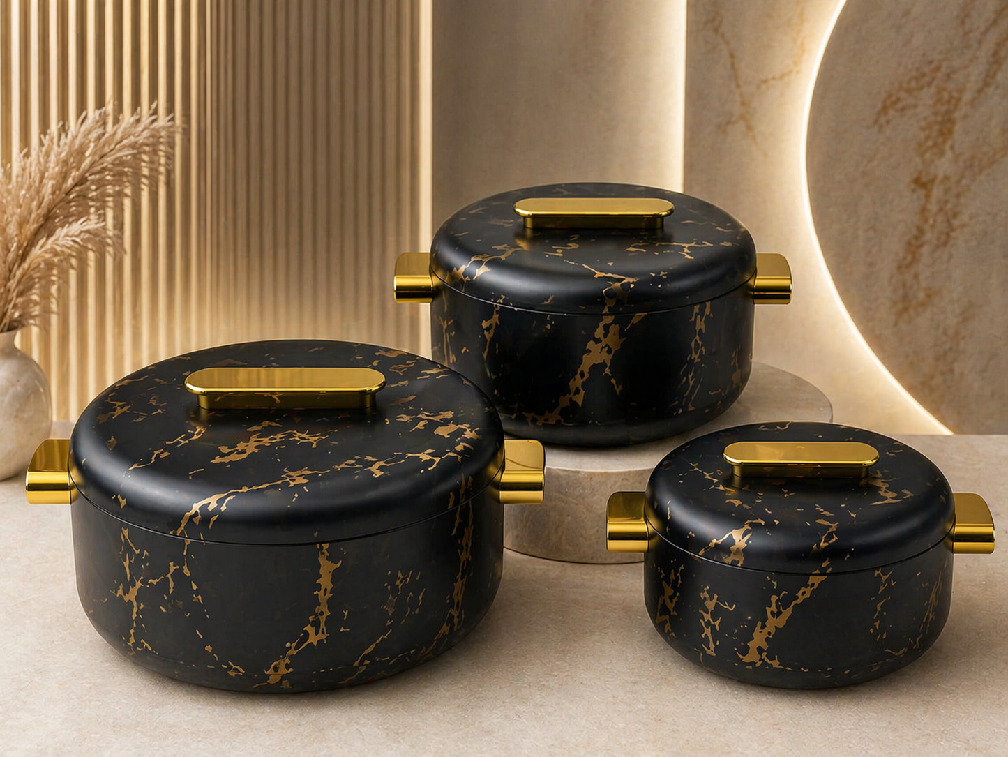 Luxury Marble & Wood Finish Casserole Set – 3 Piece Premium Hotpot