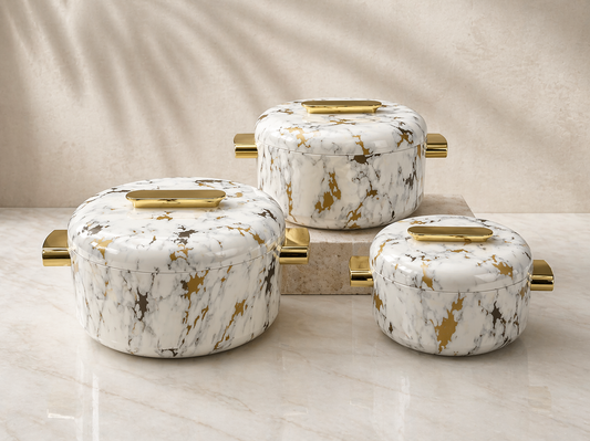 Luxury Marble & Wood Finish Casserole Set – 3 Piece Premium Hotpot