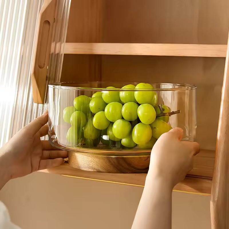 Modern Glass Fruit Bowl With Premium Wooden Base