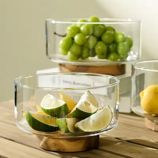 Modern Glass Fruit Bowl With Premium Wooden Base