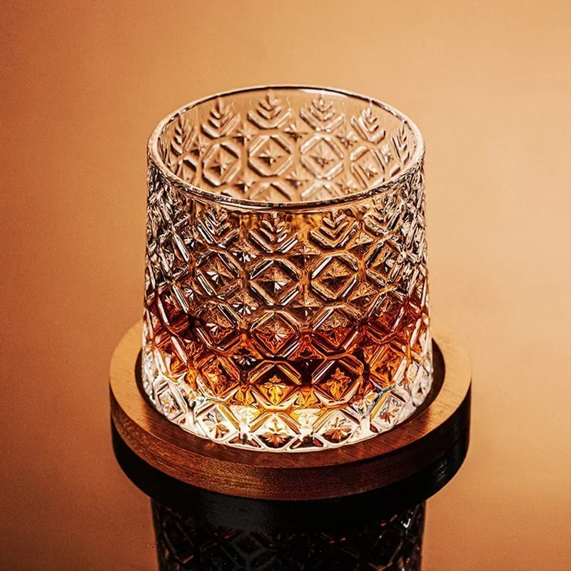 Spinning Whiskey Glass With Wood Coasters