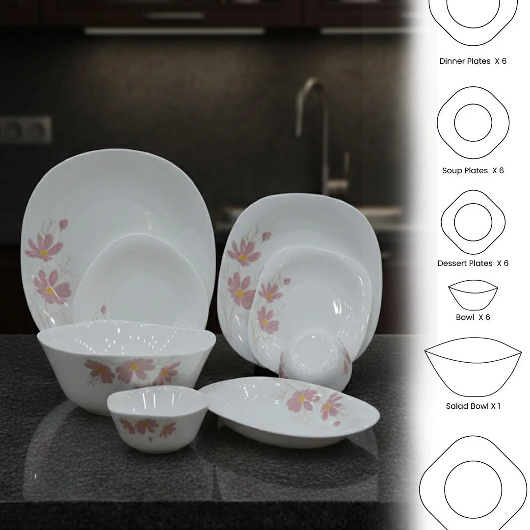 Elegant Floral Square Opal Dinner Set– 26 Pieces