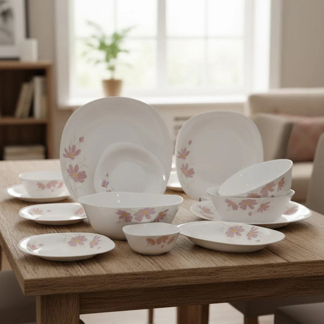 Elegant Floral Square Opal Dinner Set– 26 Pieces