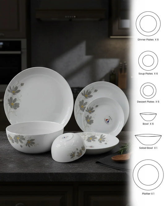 26-Piece Opal Dinner Set – Elegant Grey Floral