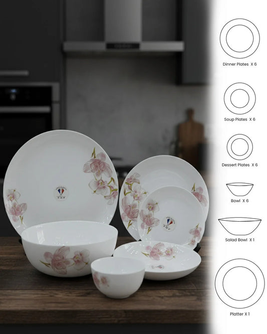 Premium 26-Piece Opal Dinner Set – Pink Floral Design